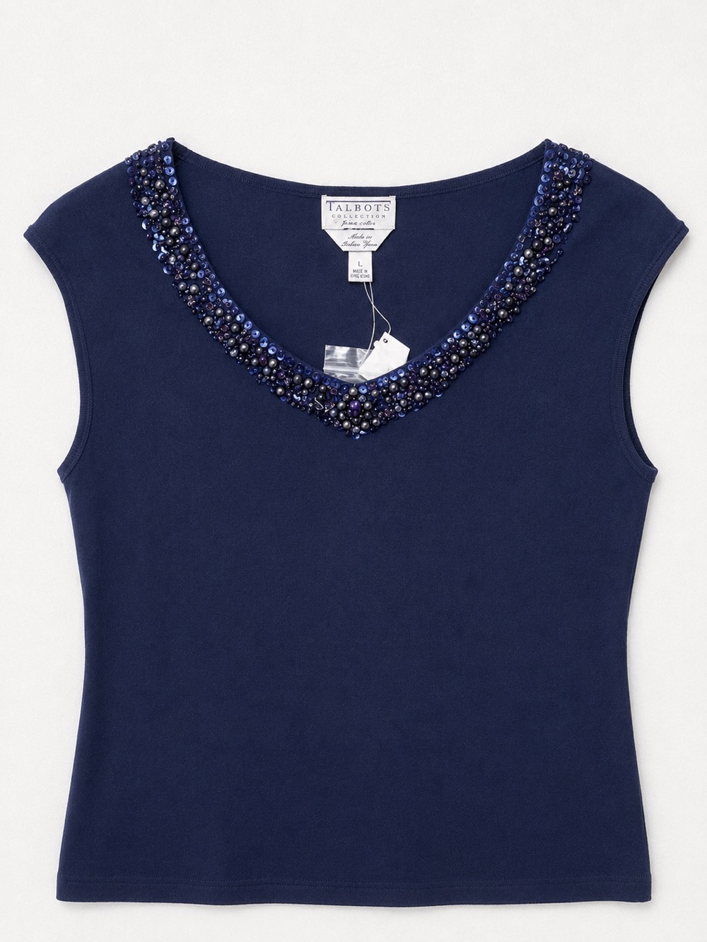 Talbots Petites Beaded Navy Sleeveless Top | Size Large
